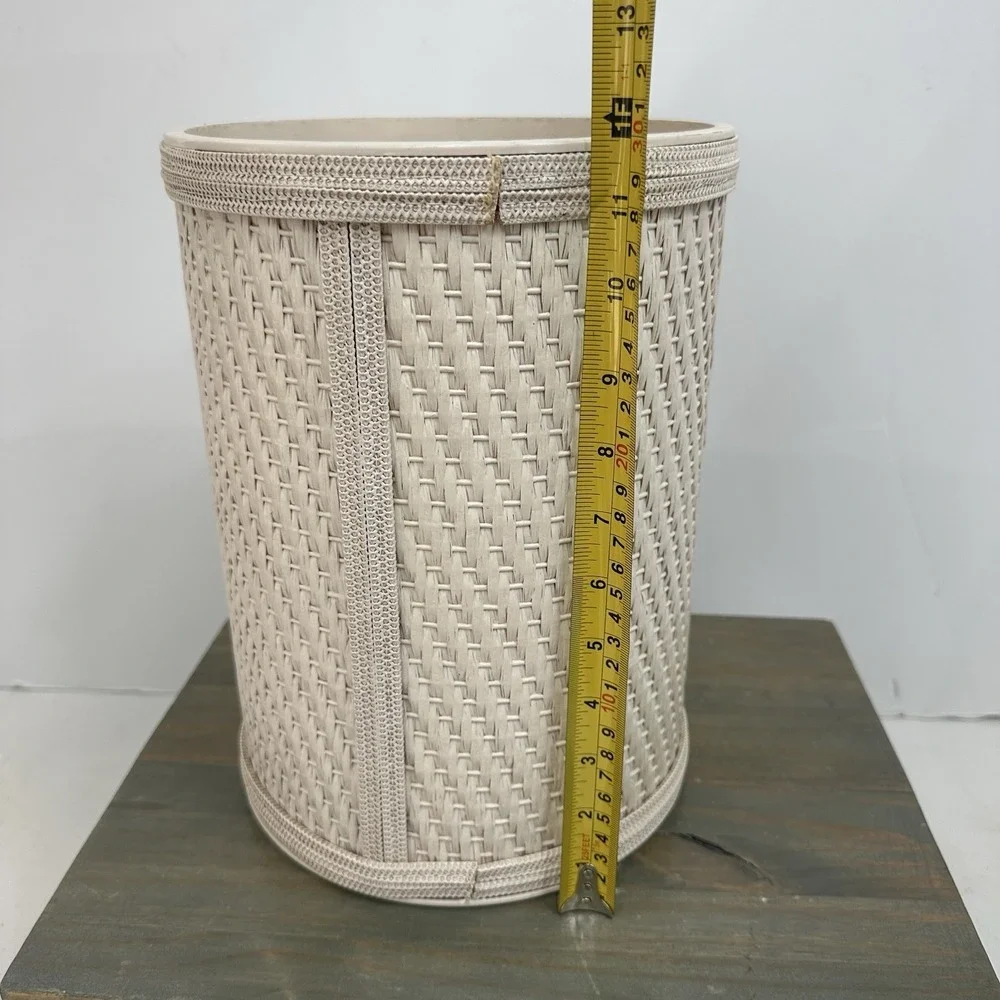 Vintage Woven Wicker & Plastic Wastebasket Trash Can White Cottagecore Beach